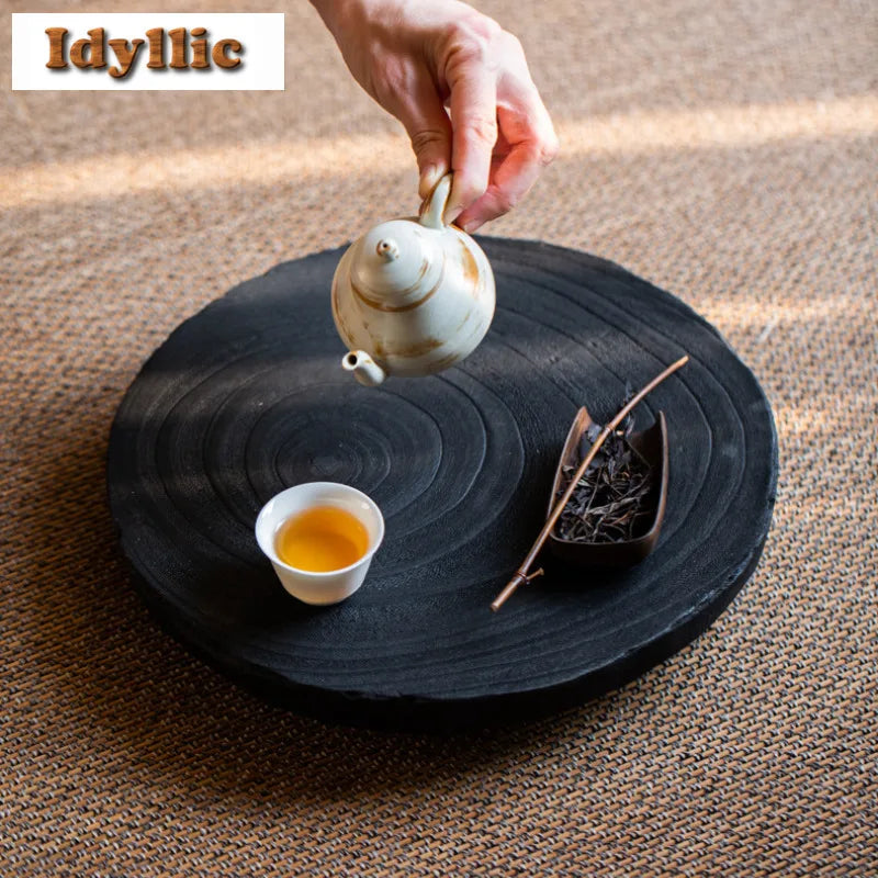 Wabi sabi style solid wood carbonized tatami tea tray dessert candy coffee storage board teapot trivets dishes