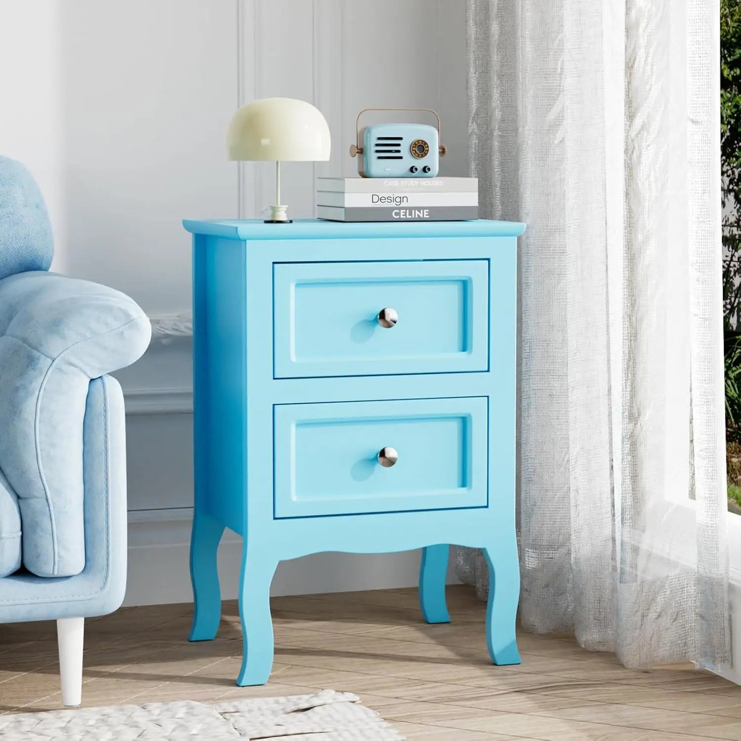 A set of two bedroom bedside tables with 2 drawers small space university dormitory wooden 16w x 12d 24h - blue