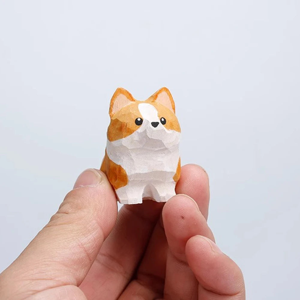 Cute small wooden dog figurine handmade carving corgi figurines home decor perfect gift for cat lovers desk decoration