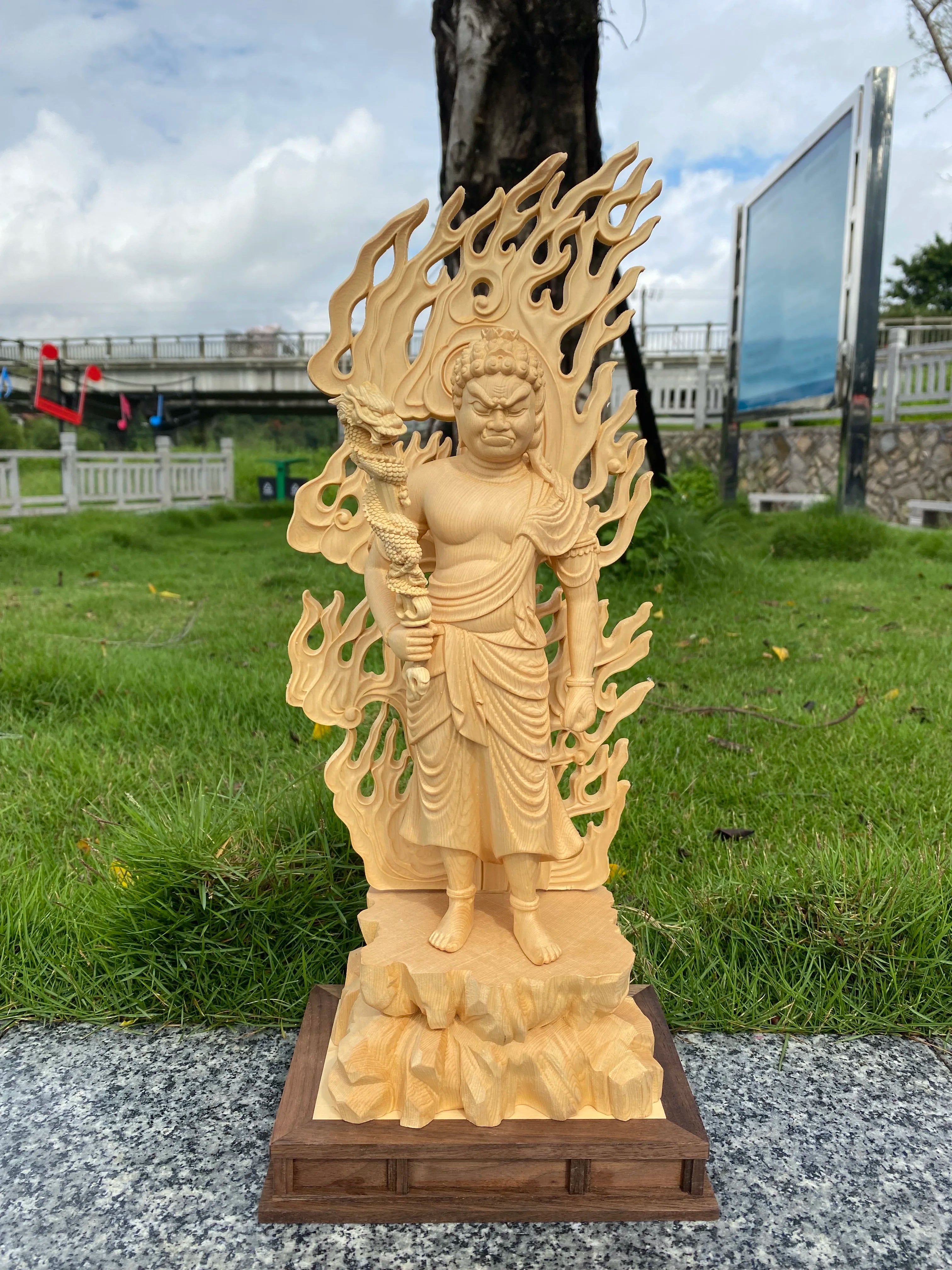 Hinoki wood hand carved fudo myoo acalanatha statue figurine with dragon sword - buddhist guardian protector home