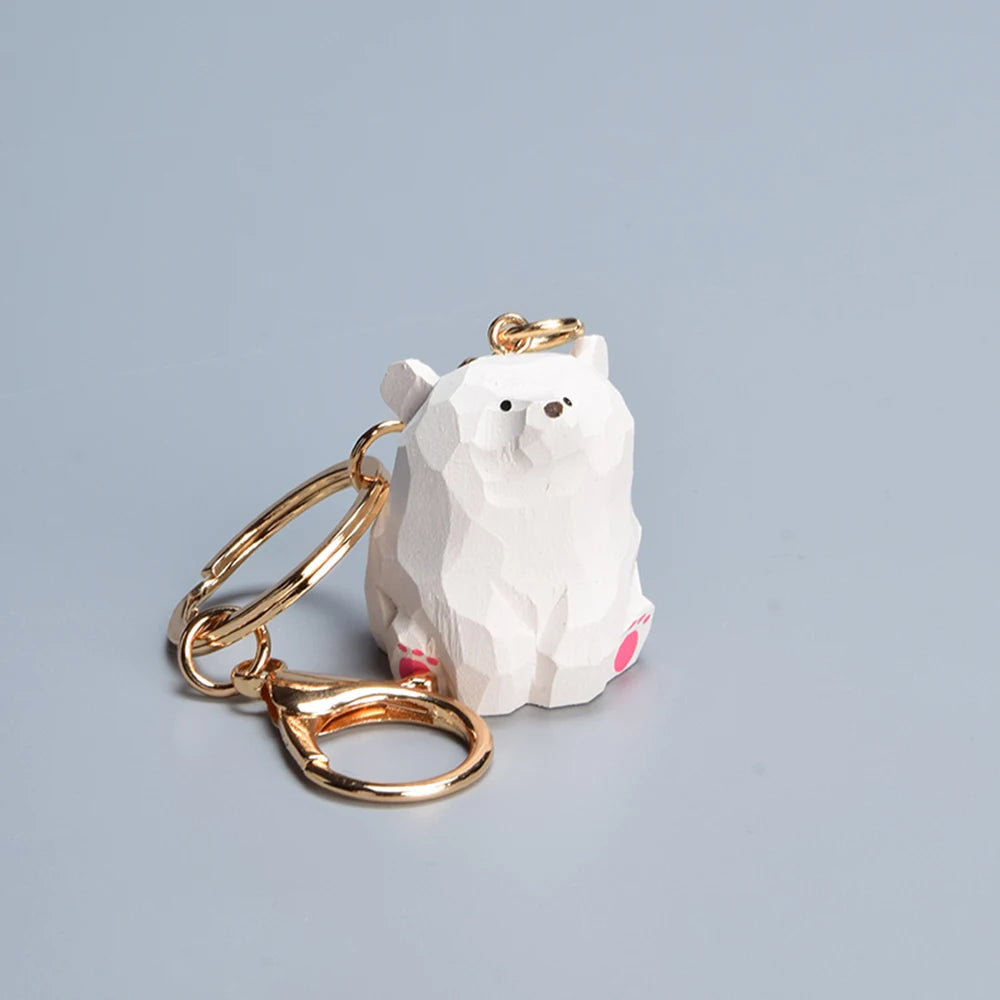 Wooden carved bear keychain cute cartoon animal creative exquisite couple bag pendant wooden teddy bear - white