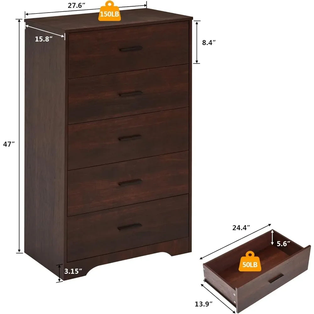 Dark cherry dresser for bedroom 5 drawer dressers & chests of drawers modern wood 47 inches tall chest