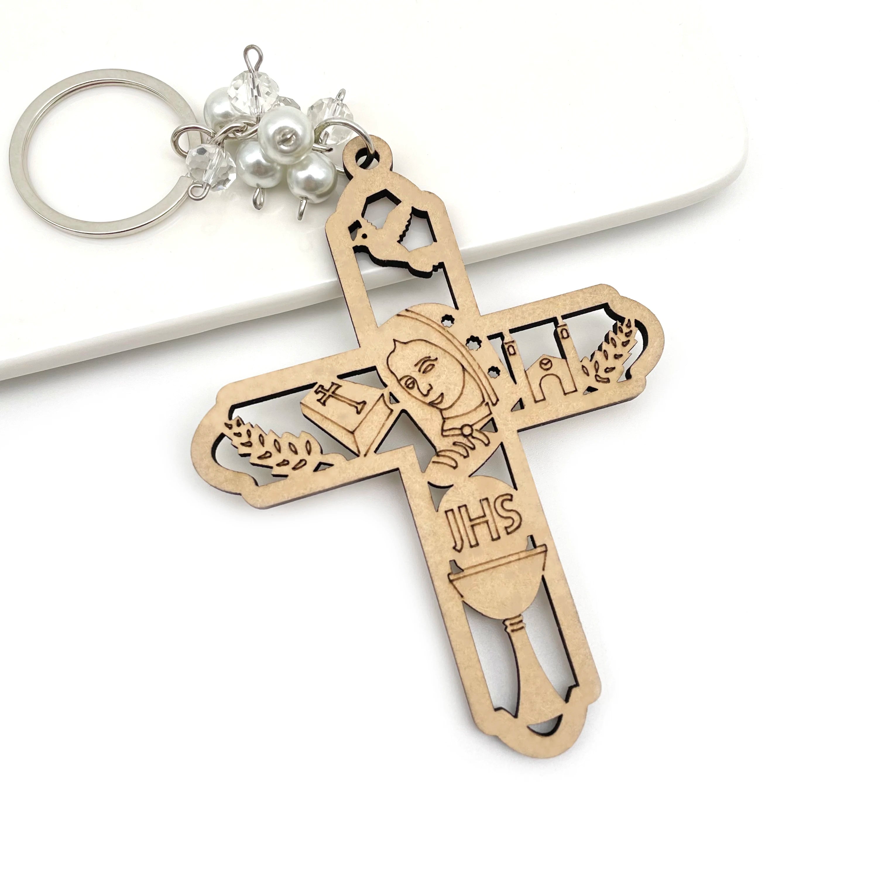 12pcs baptism wood cross lady guadalupe keychain recuerdos de bautizo first communion christening favor - united states