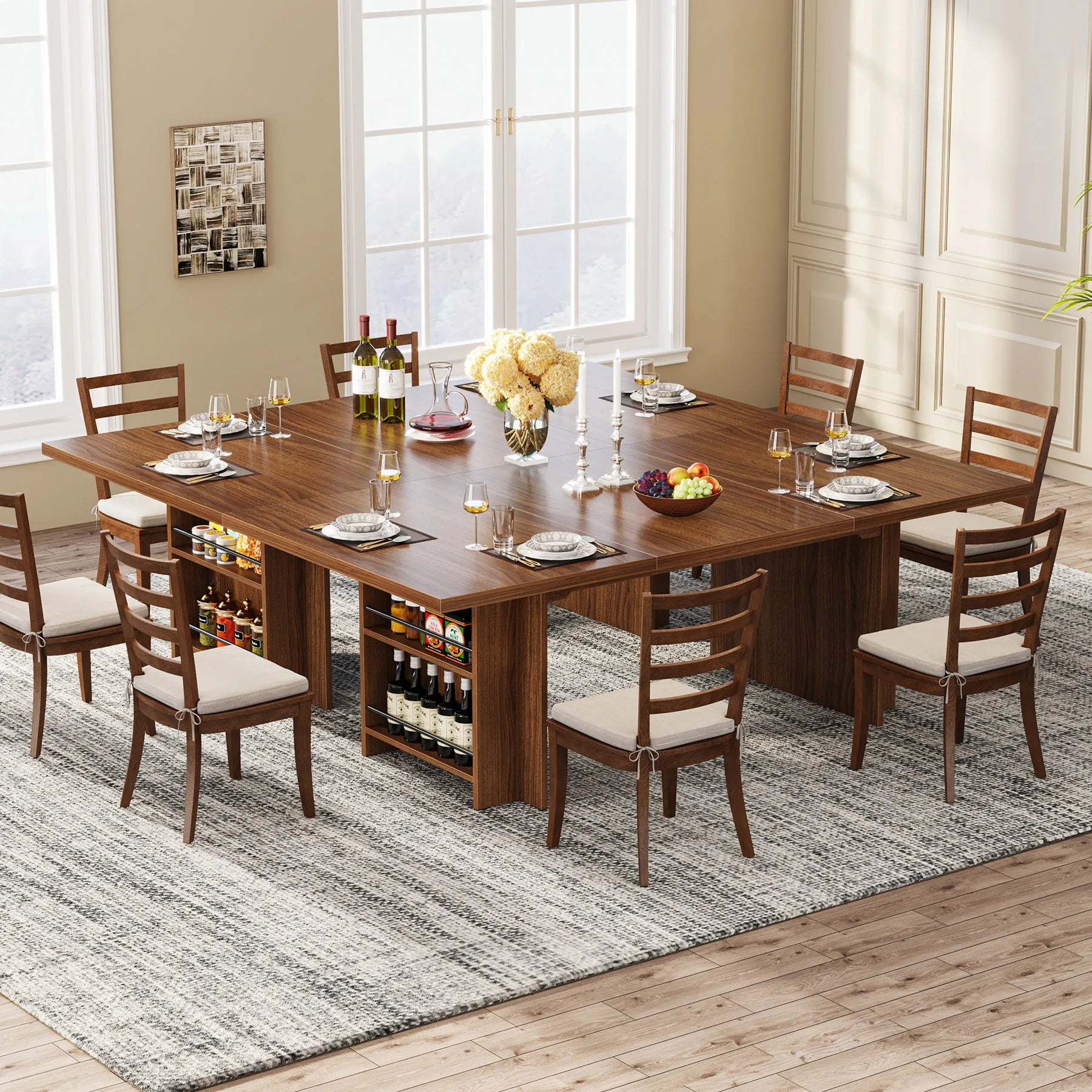 Tribesigns dining table for 6 to 8 63-inch rectangular wooden kitchen with storage industrial dinner shelves - brown