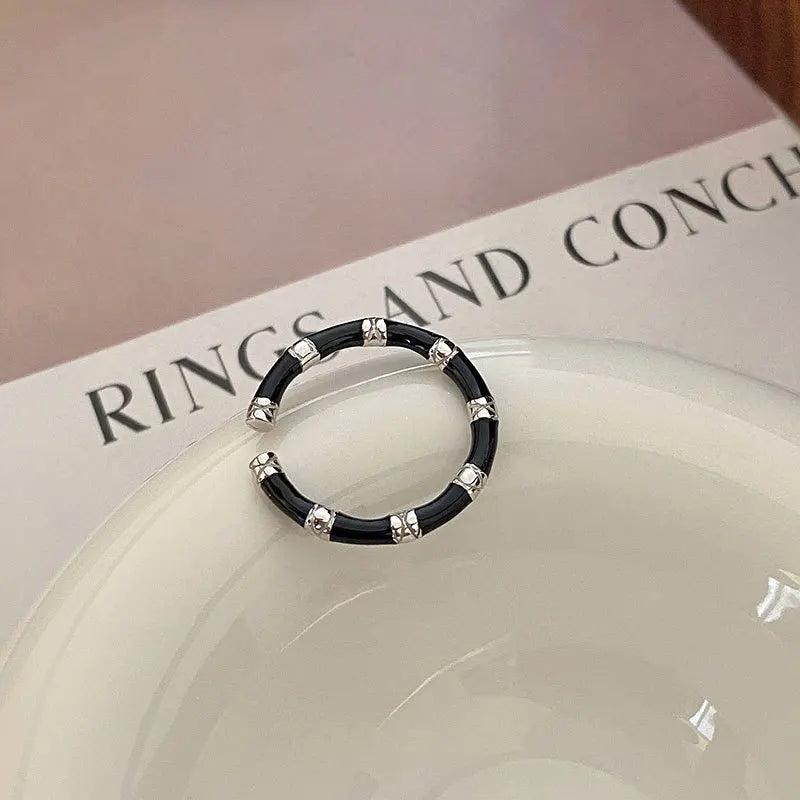925 sterling silver luxury jewelry black white bamboo adjustable rings for women couple accessories wholesale jewellery