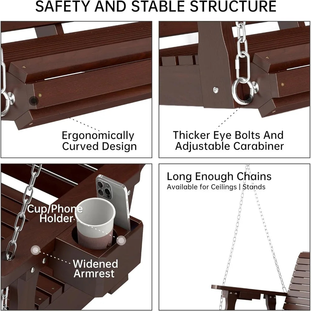 Wooden outdoor porch swing 3 seater front with upgraded 22’’ deep seat heavy duty 880 lbs bench chair