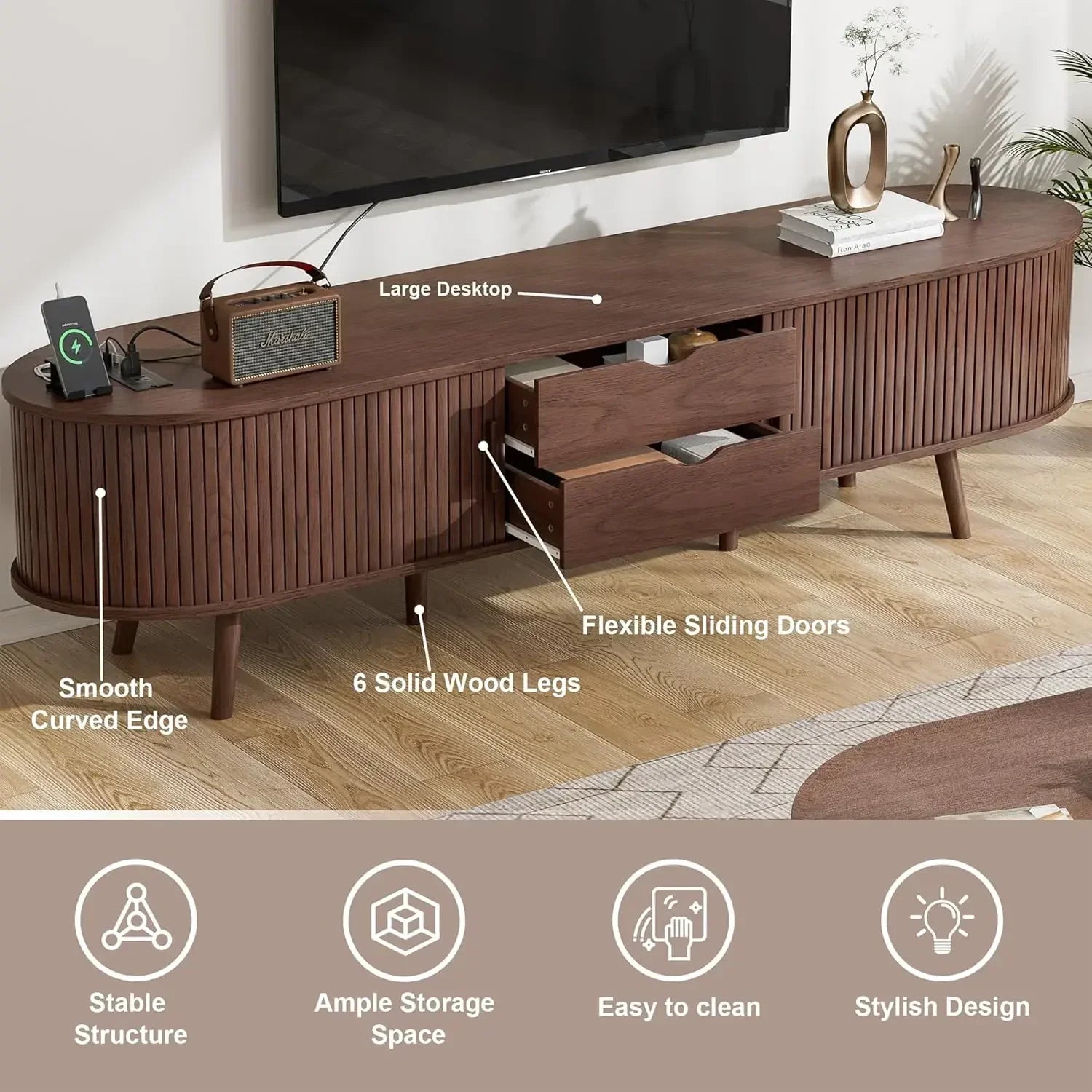 69’’ mid century modern tv stand with charging station,drawer and shelf fluted entertainment center living room bedroom