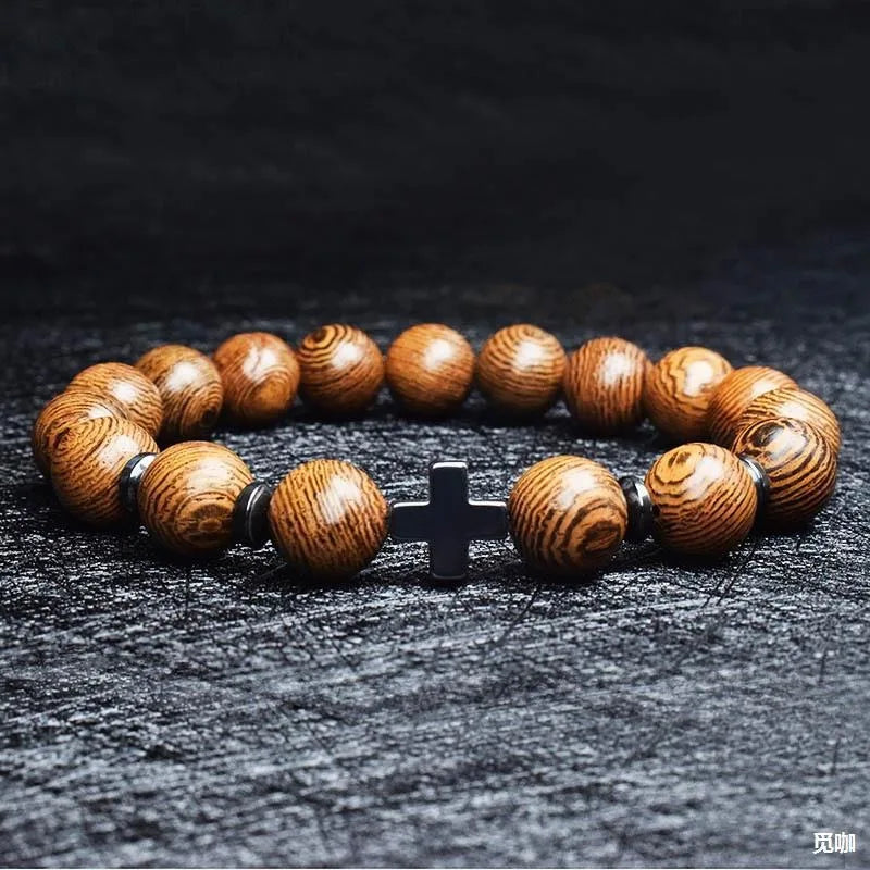 Cross bracelet men’s religious rosary wooden beads popular jewelry christian crucifixes decoratio frosted stone beaded