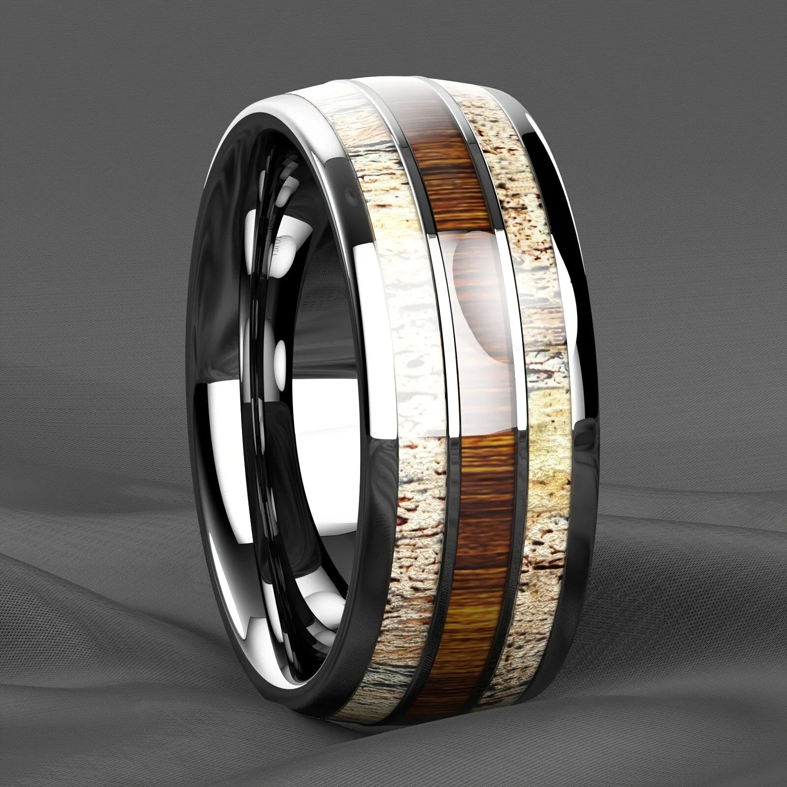 Fashion silver color men’s stainless steel rings koa wood deer antler inlay dome engagement for men women wedding