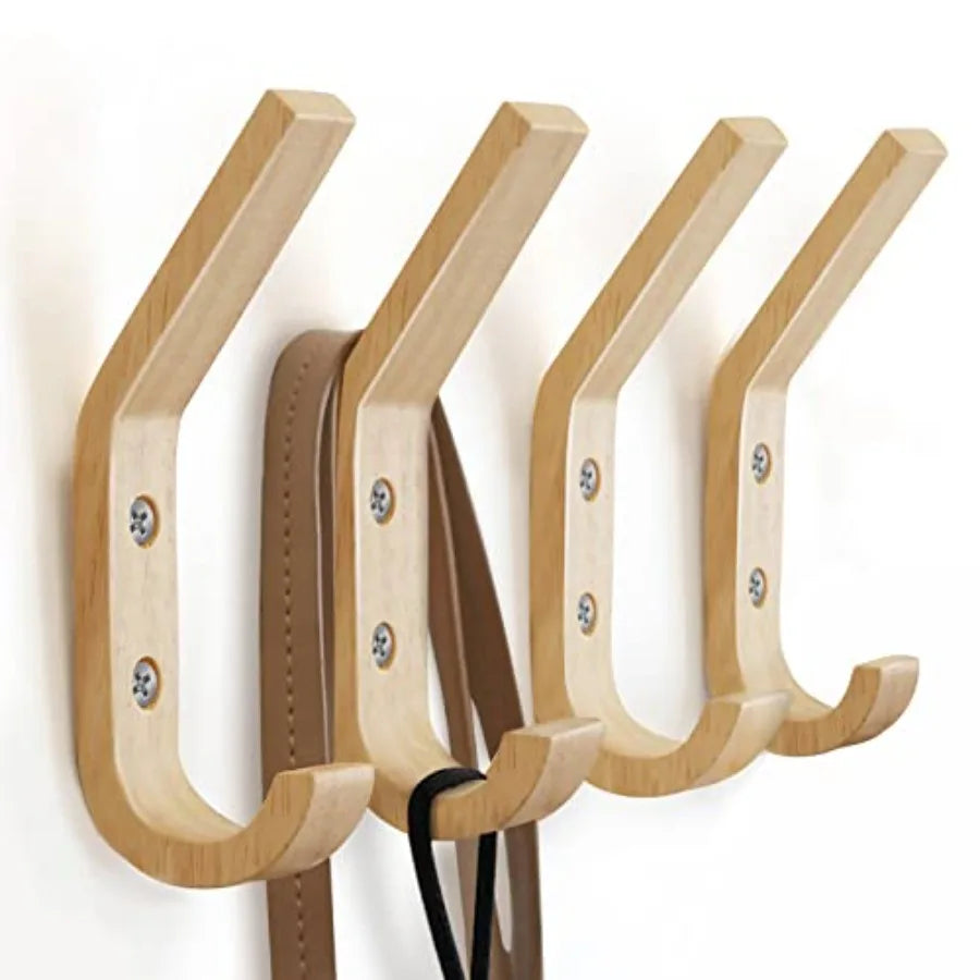 Heavy duty wall mounted wooden coat hooks in natural oak wood for organizing coats keys caps and cups decorative
