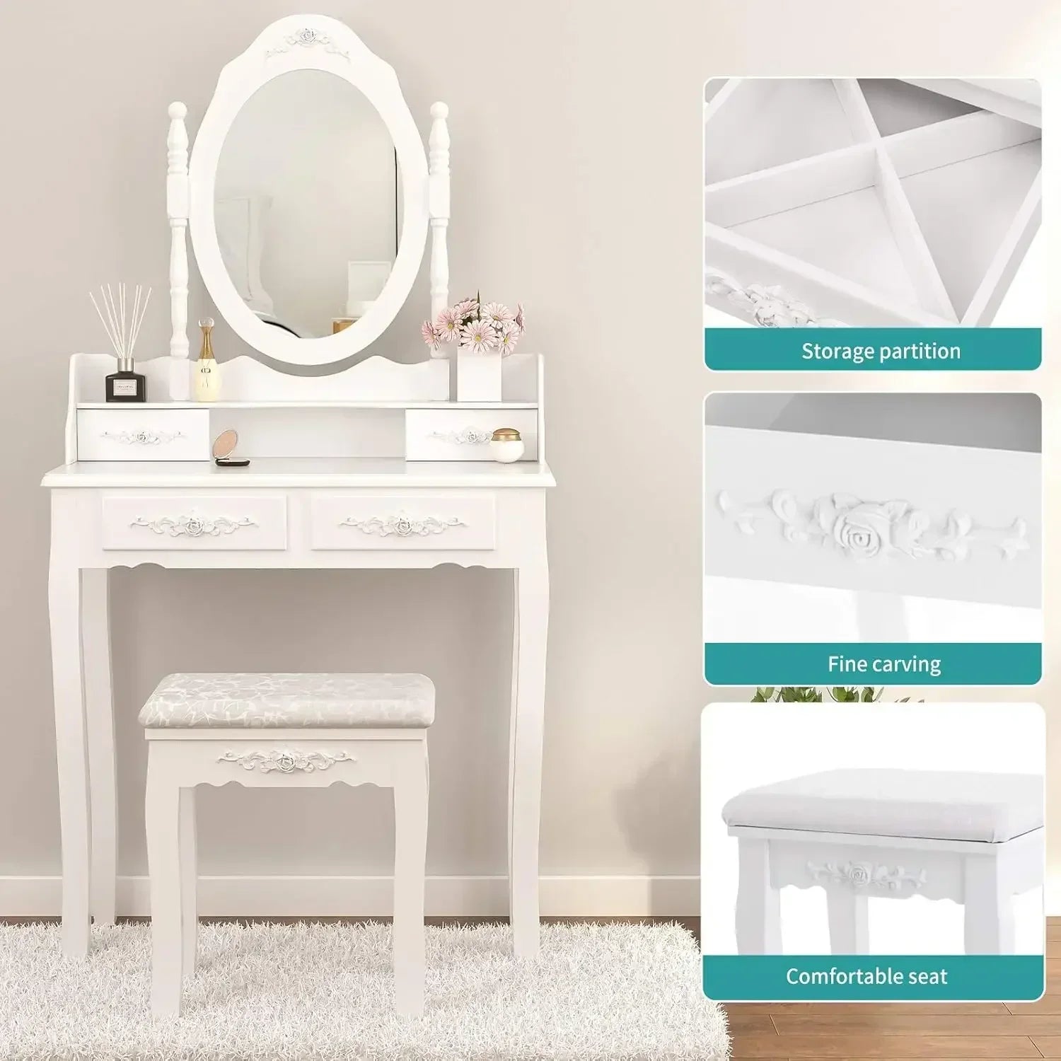[xmsj]vanity table set,makeup with oval mirror & stool bedroom wood dressing 4 drawers white - united states