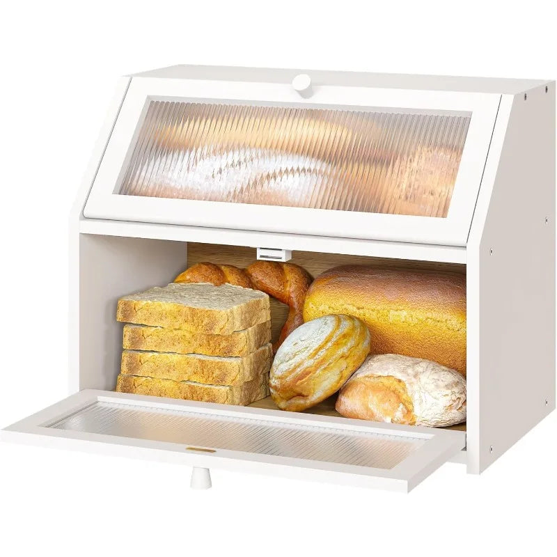 White bread box for kitchen counter large bamboo wood double layer wooden storage capacity - united states