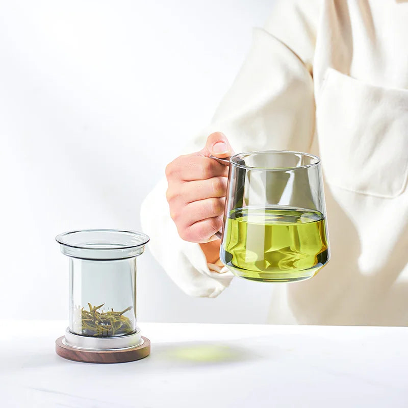 Gianxi glass tea cup with wood handle chinese heat resistant puer filter cups high quality and convenient kung fu set