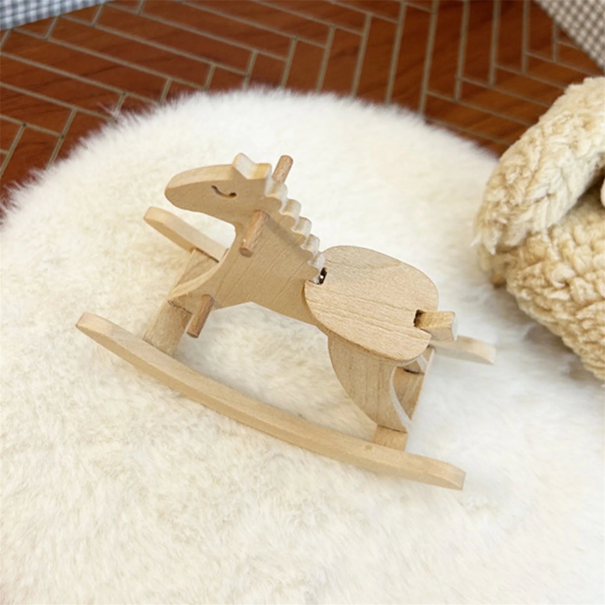 Vintage wooden rocking horse miniature figurine for dollhouse decor and photo props in mini scene shooting - light