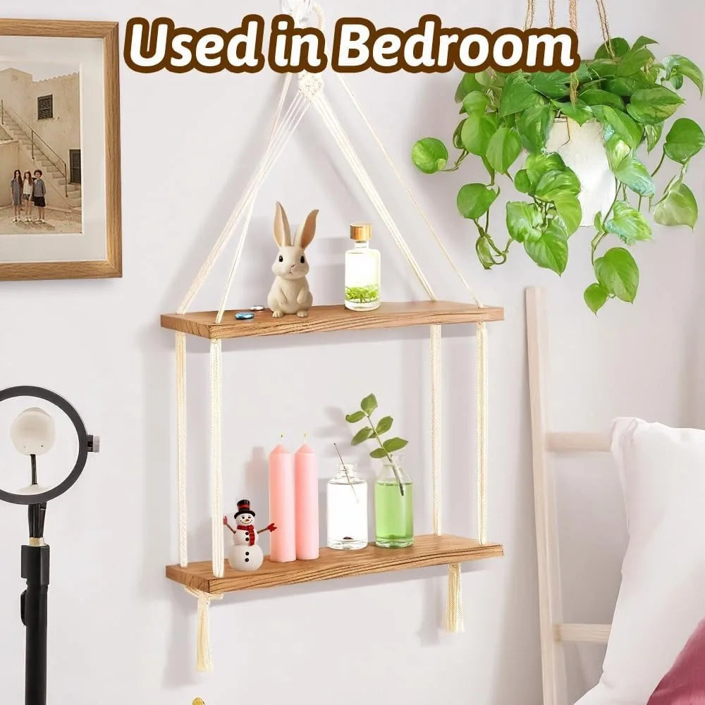 Macrame wall hanging shelves boho room decor 2 tier handmade cotton rope rustic wood corner floating with hooks deco