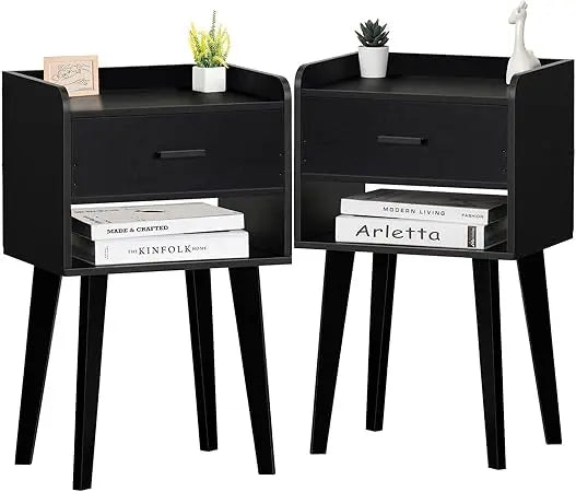 Lerliuo black nightstand set of 2 modern bed side table with drawer wood end for small space night stand bedroom/li
