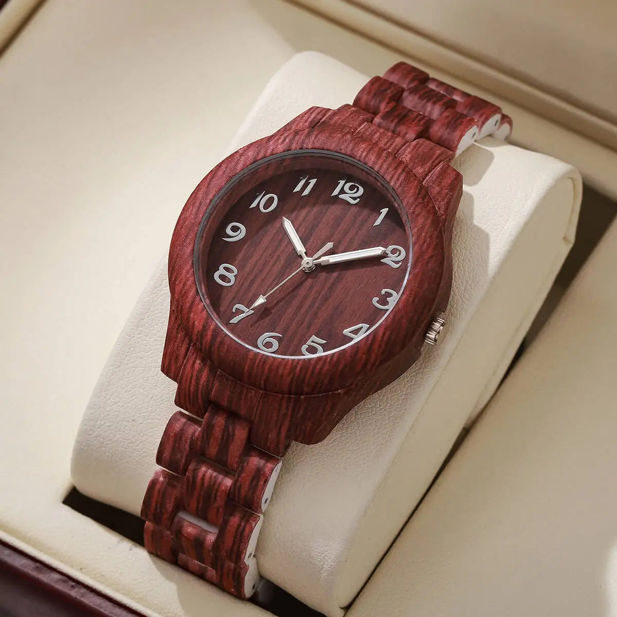 Fashion women watches casual wooden pattern plastic band quartz watch relogios feminino（without box） - red without box