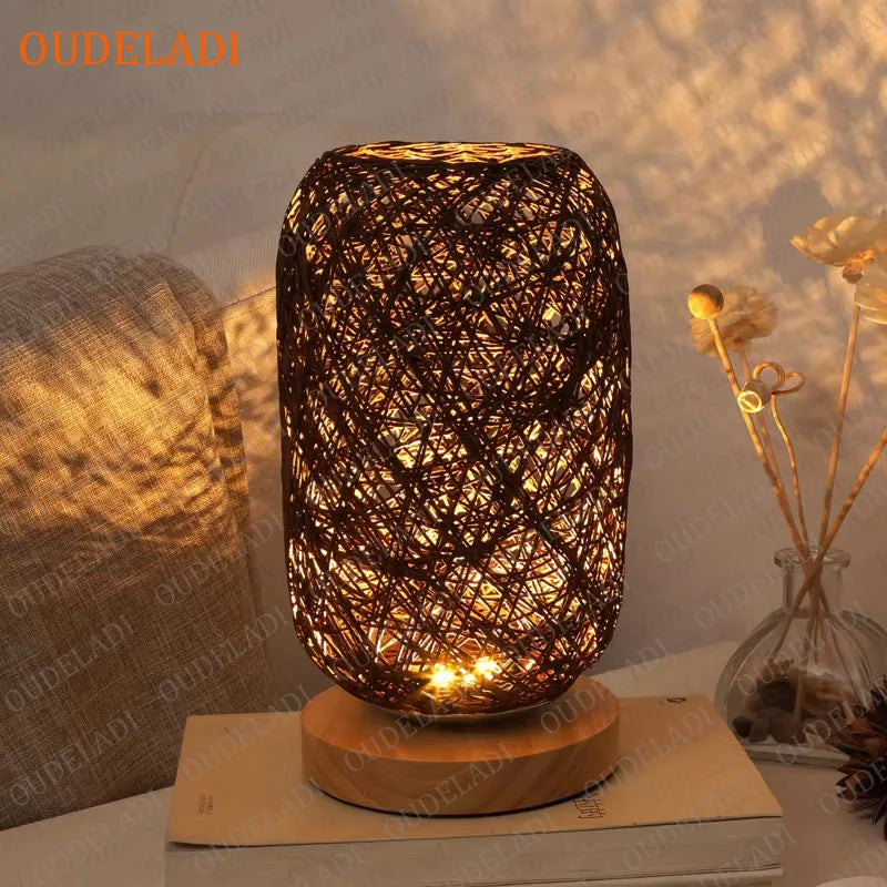 Oudeladi wooden base rattan twine table lamp home decor living room bedroom bedside desk night light usb and eu plug
