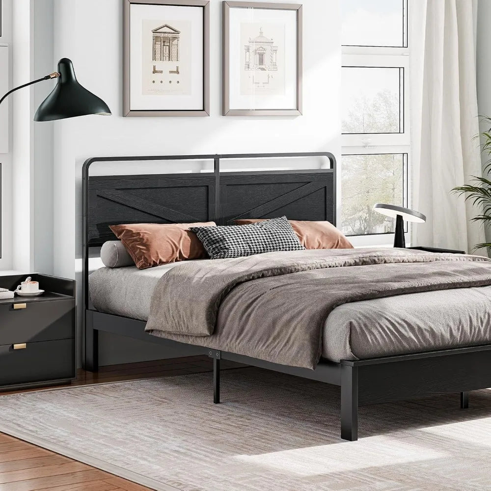 Wooden panel headboard queen minimalist head board with metal frame height adjustable bed adapter black - b0czrdkjh6