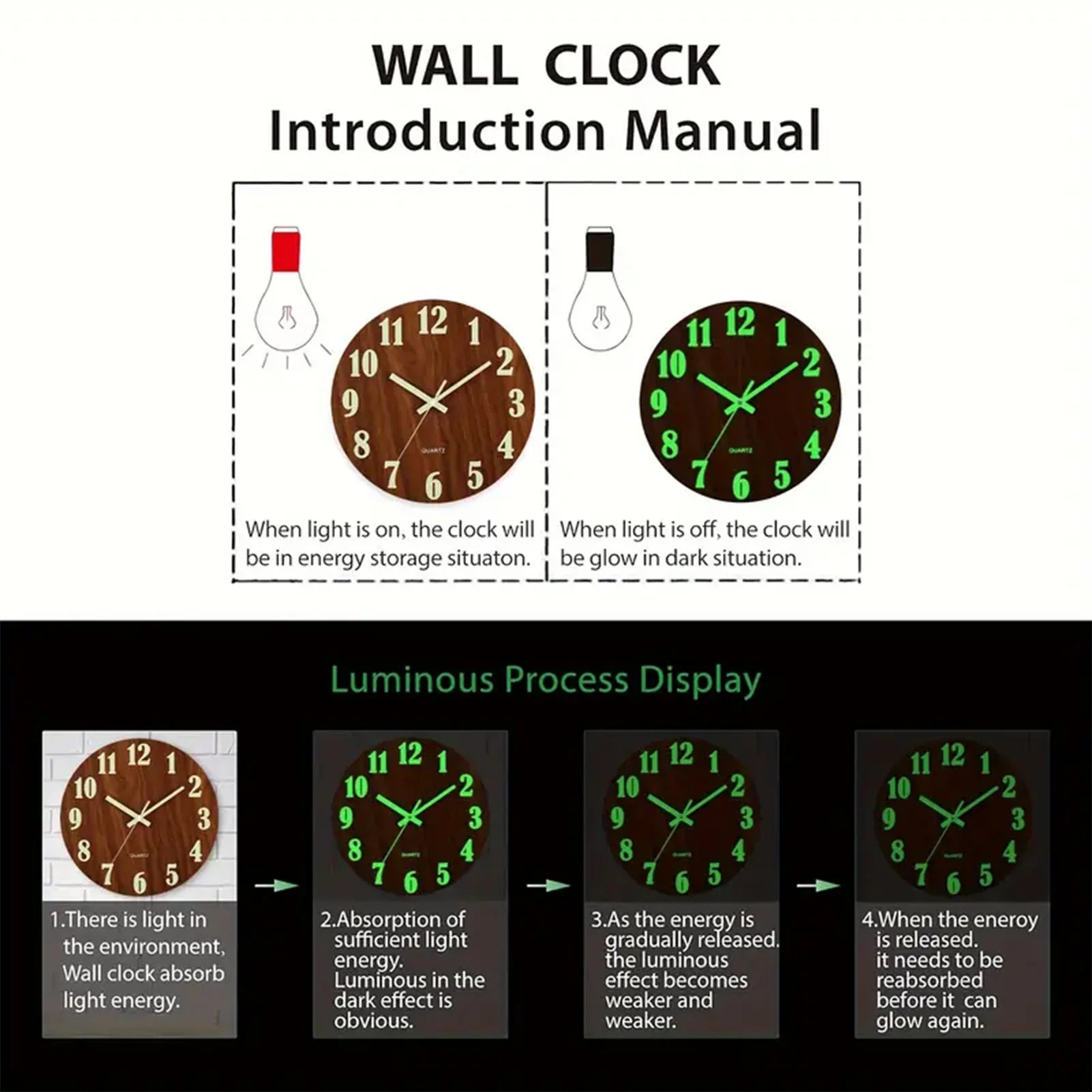 12 inch wooden simple luminous wall clock silent non ticking analog decoration for living room bedroom office decor