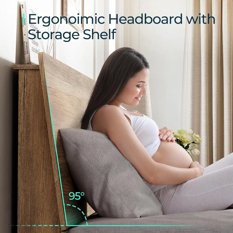 Size bed frame wood with ergonomic headboard full storage shelf noise-free no box spring needed - b - united states