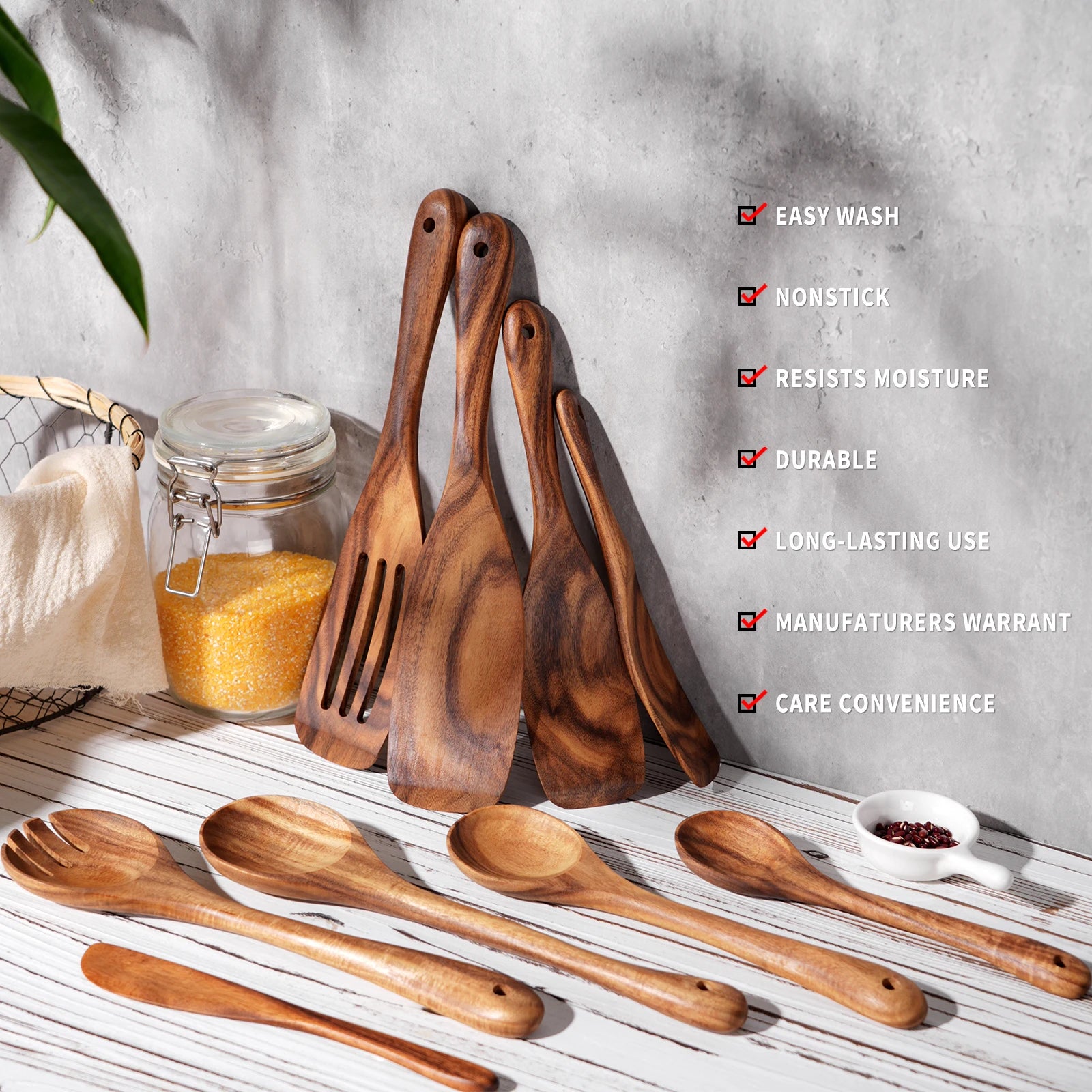 9 pcs kitchen utensils set wooden spoons for cooking - handmade spoon - wood color / united states