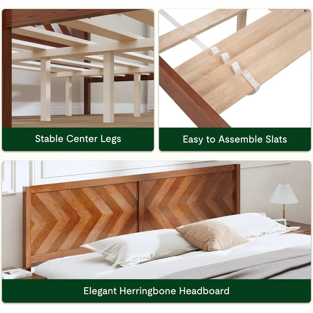 Flexispot solid wood king bed frame elegant herringbone headboard storage drawers 750 lbs capacity mid-century modern