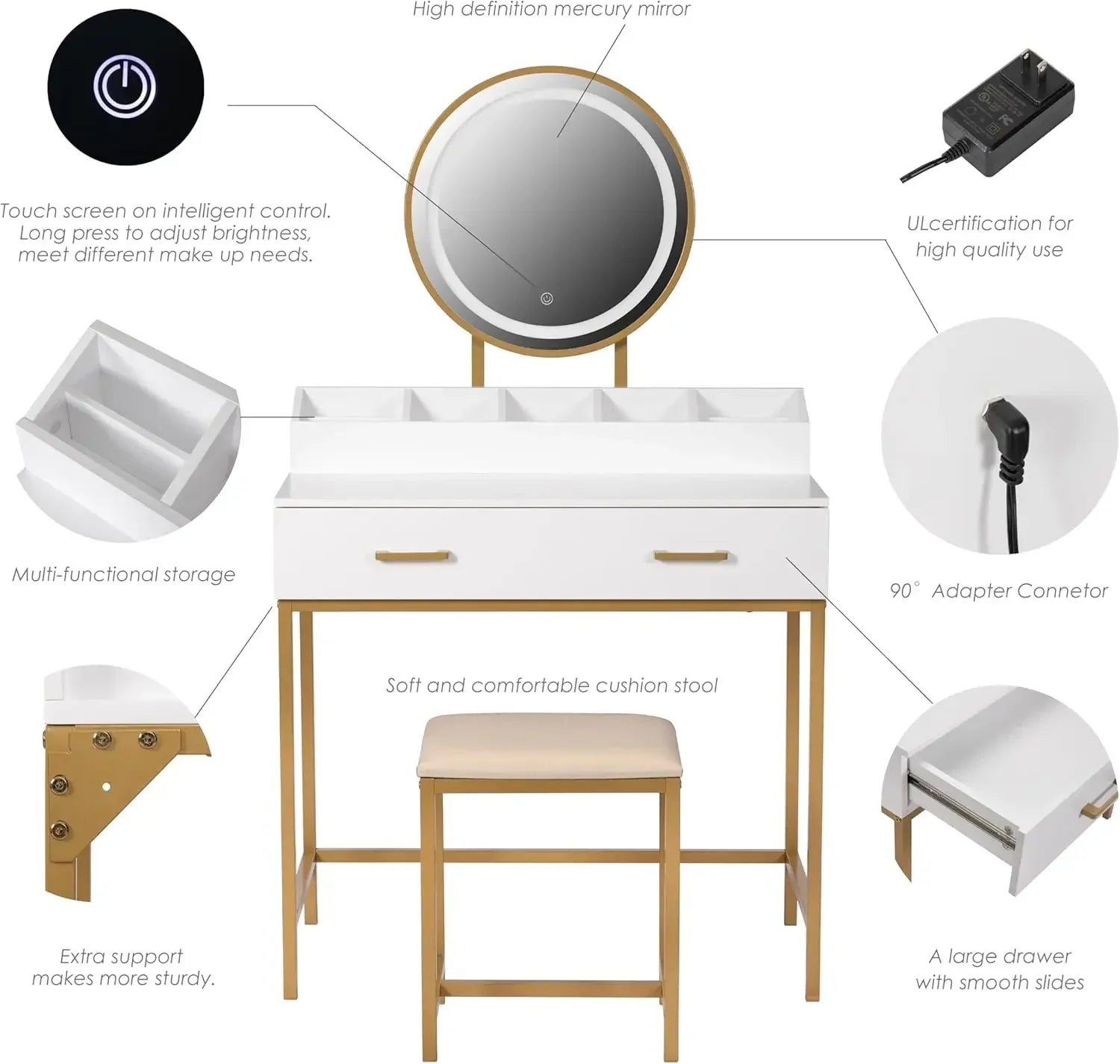 Makeup vanity desk with mirror and lights set drawers small table cushioned stool - united states
