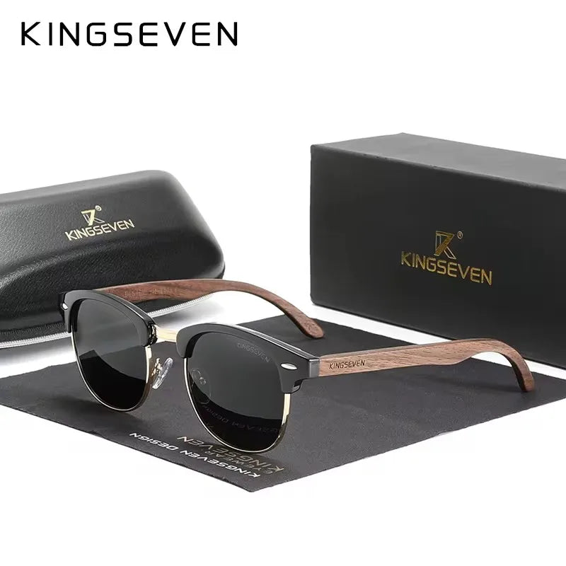 Kingseven black walnut wood sunglasses polarized wooden brand designer rimless mirrored square sun glasses