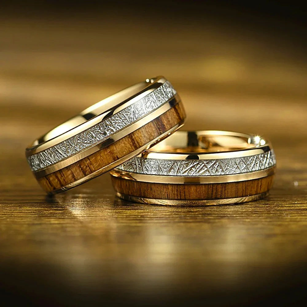 8mm men’s koa wood inlay stainless steel ring unique silver meteorite rings for gift luxury party wedding band jewelry