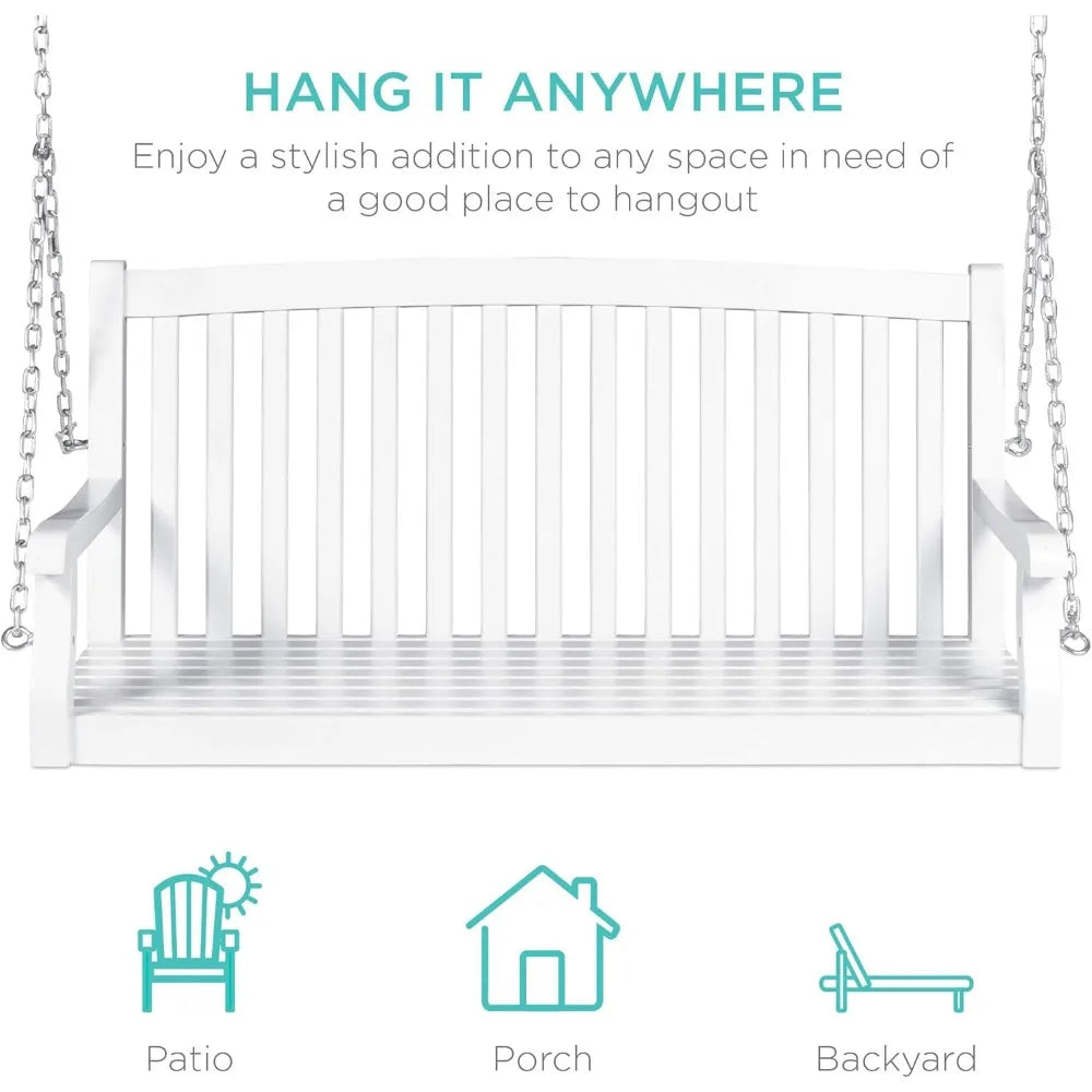 Outdoor patio wood swing bench chair deck garden yard hanging furniture with mounting chains - united states / white