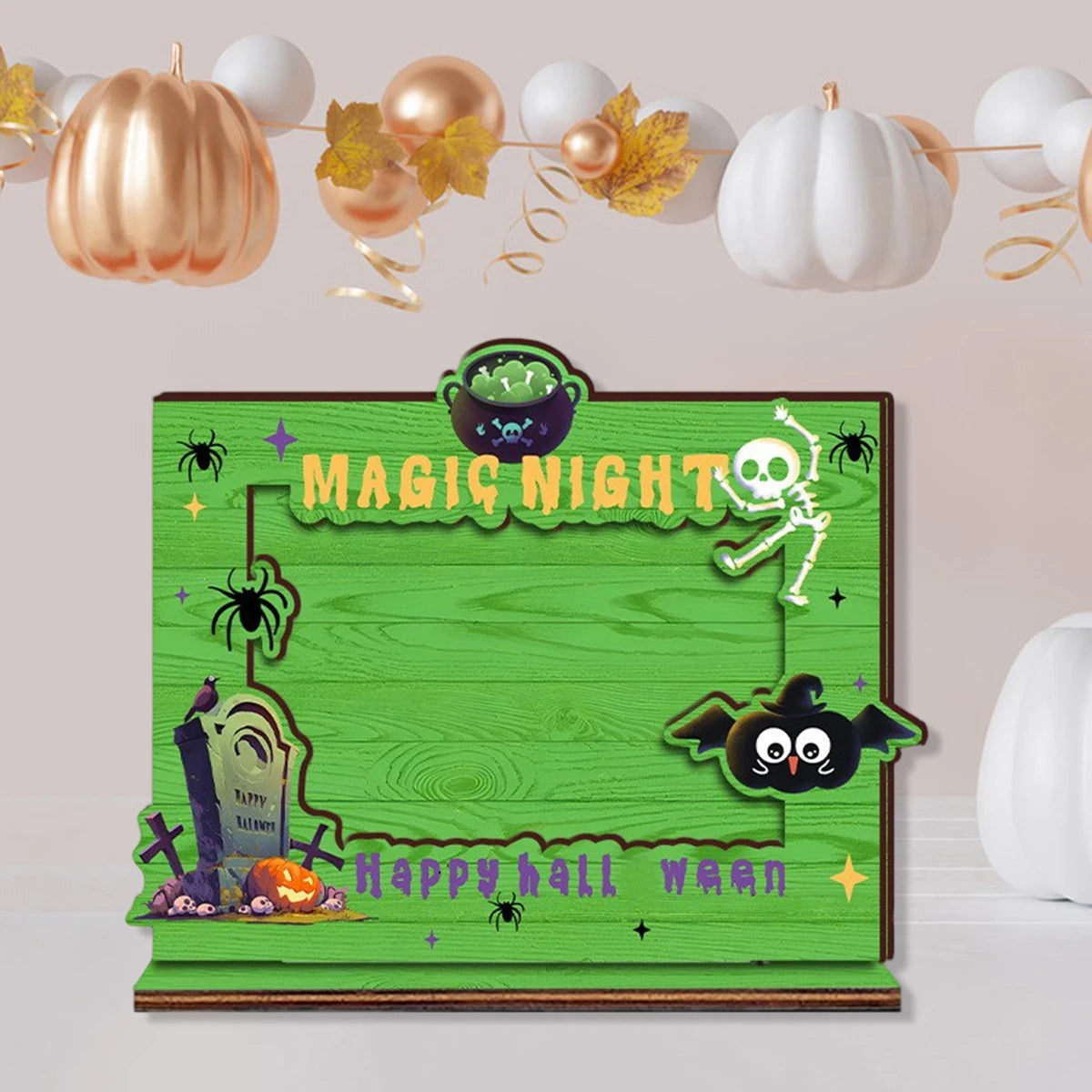Spooky halloween wooden picture frame with festive holiday decorations for tabletop display in living room or home