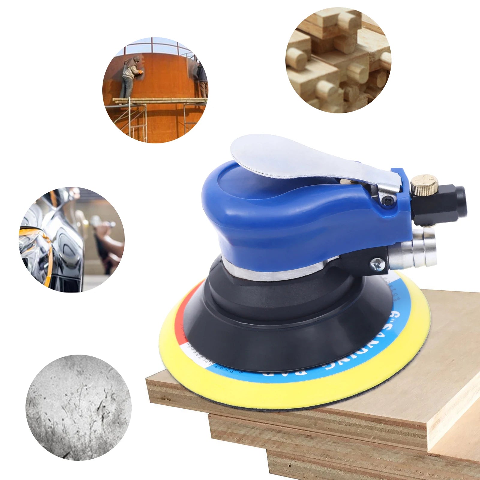 6 inch pneumatic orbital sander non-slip air random sander for woodworking rust removal sanding fine polishing - blue