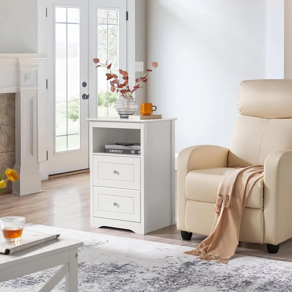 Bedside table set of 2 tall nightstand with drawer and cubby wooden for bedroom small space