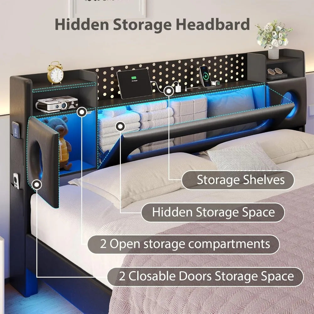 Floating bed frame king with storage & headboard,platform led lights upholstered size hea - black / united states