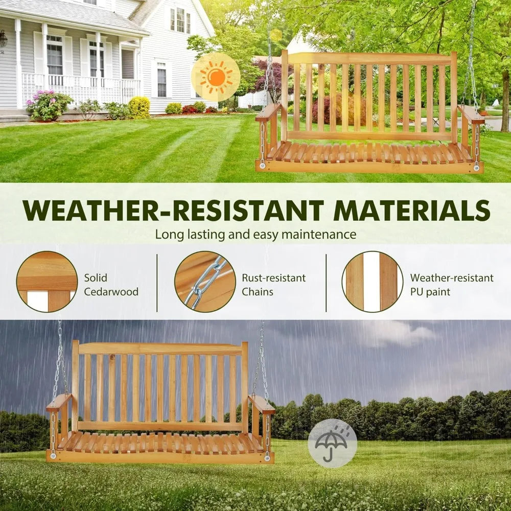 Outdoor wooden porch swing - heavy duty garden bench with adjustable chains ergonomic backrest