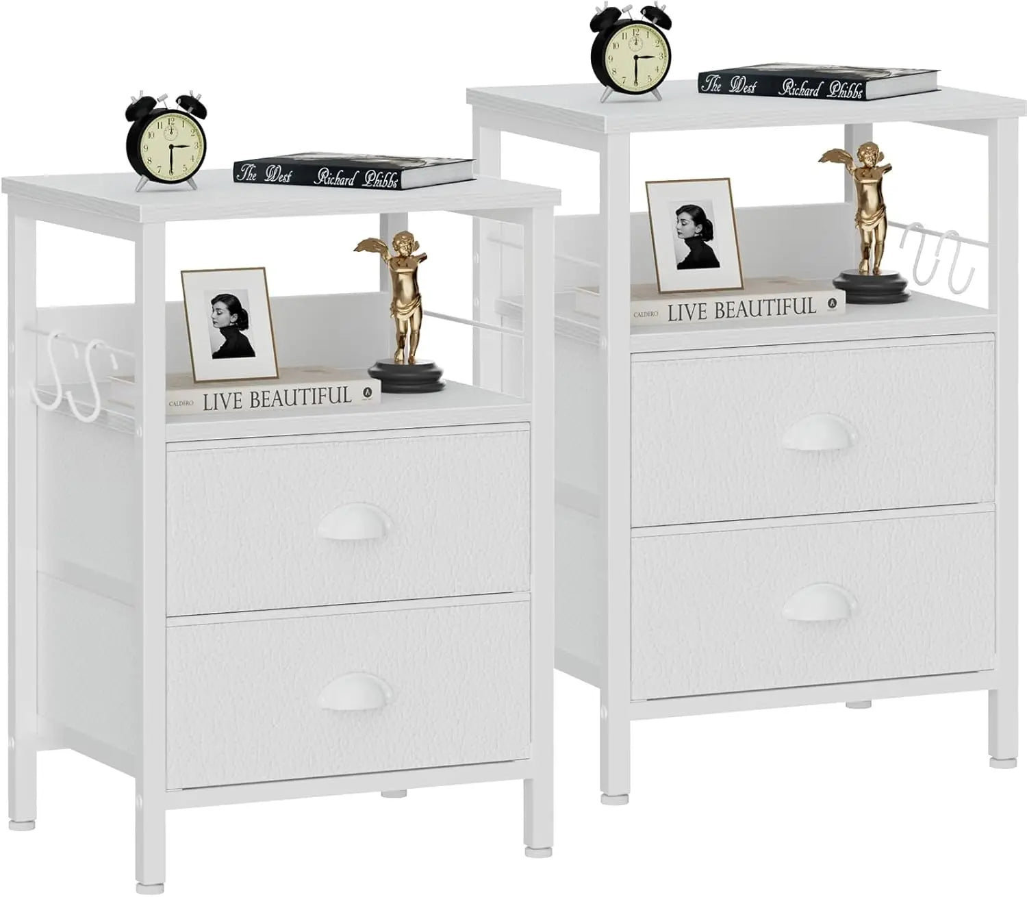 Nightstands set 2 end table with fabric drawers bedside hooks open wood shelf side sofa for bedroom - white / united