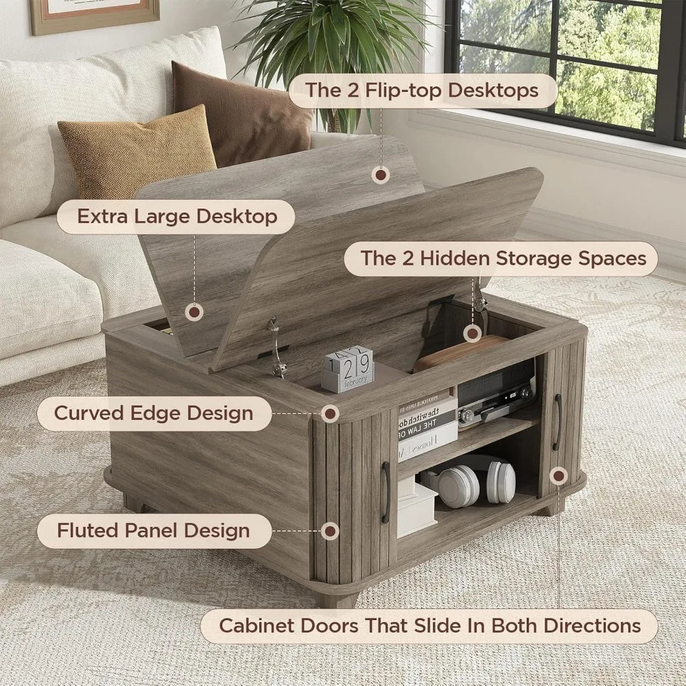 Farmhouse-style square coffee table with storage and hidden compartments for living room - grey / united states