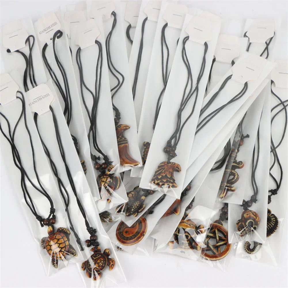 20pcs/lot vintage punk style wooden necklace owl turtle men women beaded pendant choker sweater dress neck jewelry