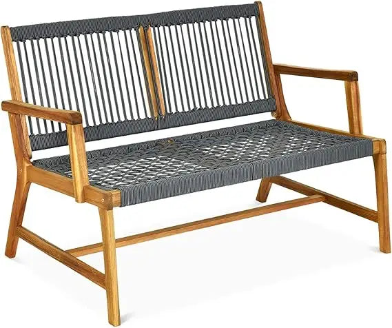 Acacia wood 2-person patio bench with teak oil finish outdoor rope loveseat for balcony deck poolside and porch - grey