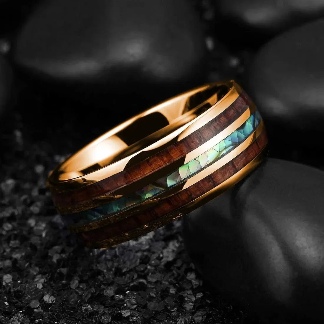Fashion 8mm rose gold color stainless steel koa wood rings for men inlay colorful abalone shell wedding band jewelry