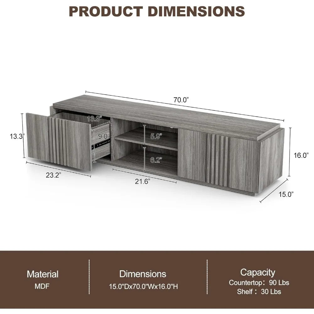 70’’ tv stand for tvs up to 75’’ media entertainment center console table with oversize drawers and 2-tier open shelves