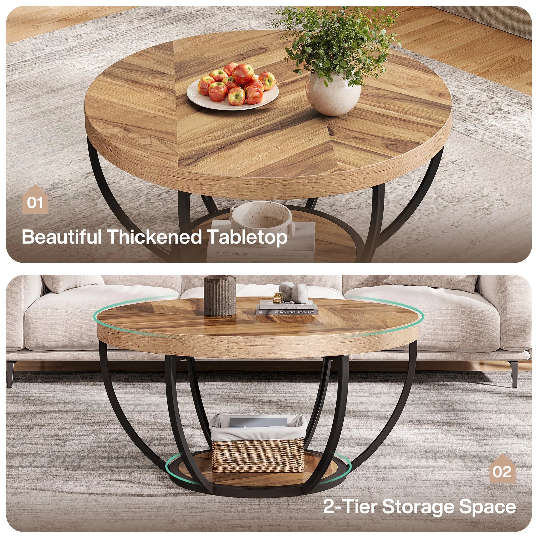 Tribesigns 31.7’’ round coffee table industrial 2-tier circle with storage shelves modern wooden accent center tab