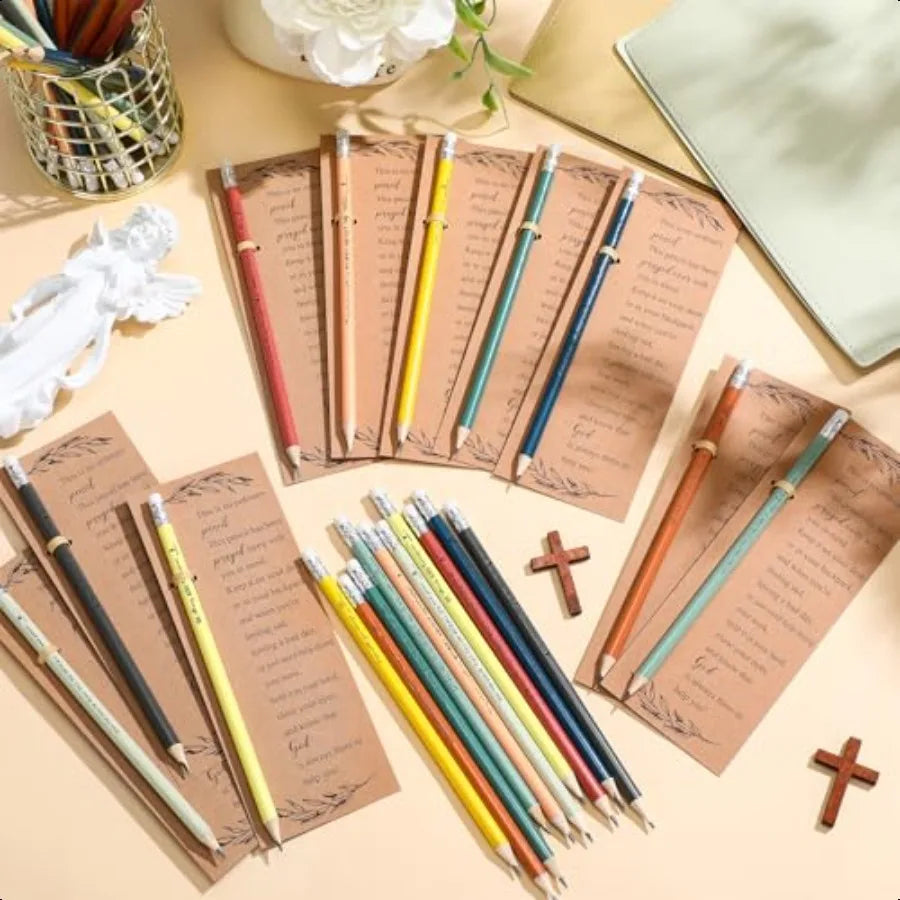 50 set christian church gift bible verse colored pencils bulk religious wood with inspirational bookmark pray sunday sc
