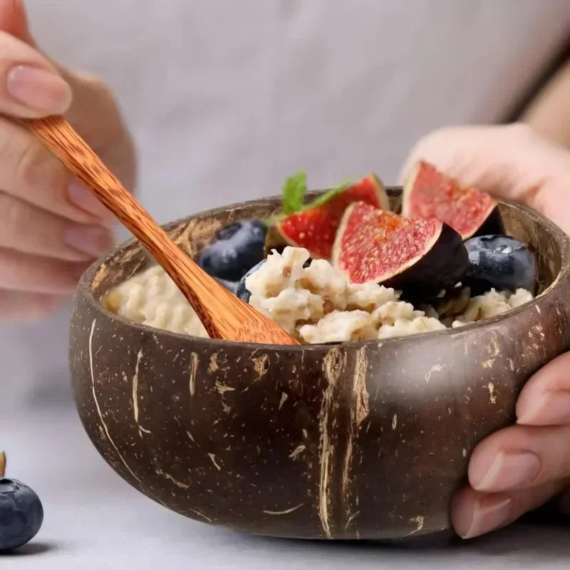 New coconut bowls and wooden spoon sets reusable natural shell for dessert yogurt fruit salad kitchen tableware