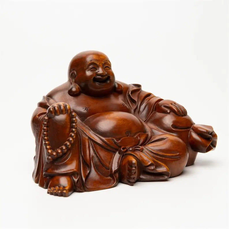 Hand carved wooden laughing buddha statue figurine good luck feng shui maitreya budai for wealth happiness home office