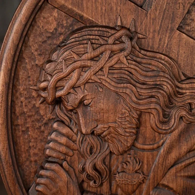 Vintage religious wooden icon jesus catholic figure carrying the cross holy statues home decor - retro / 35x26x2.5cm