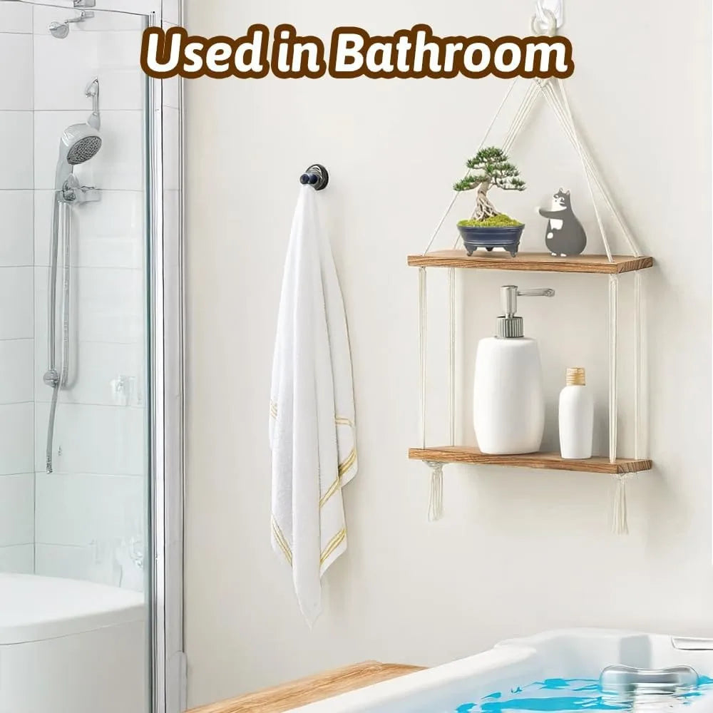 Macrame wall hanging shelves boho room decor 2 tier handmade cotton rope rustic wood corner floating with hooks deco