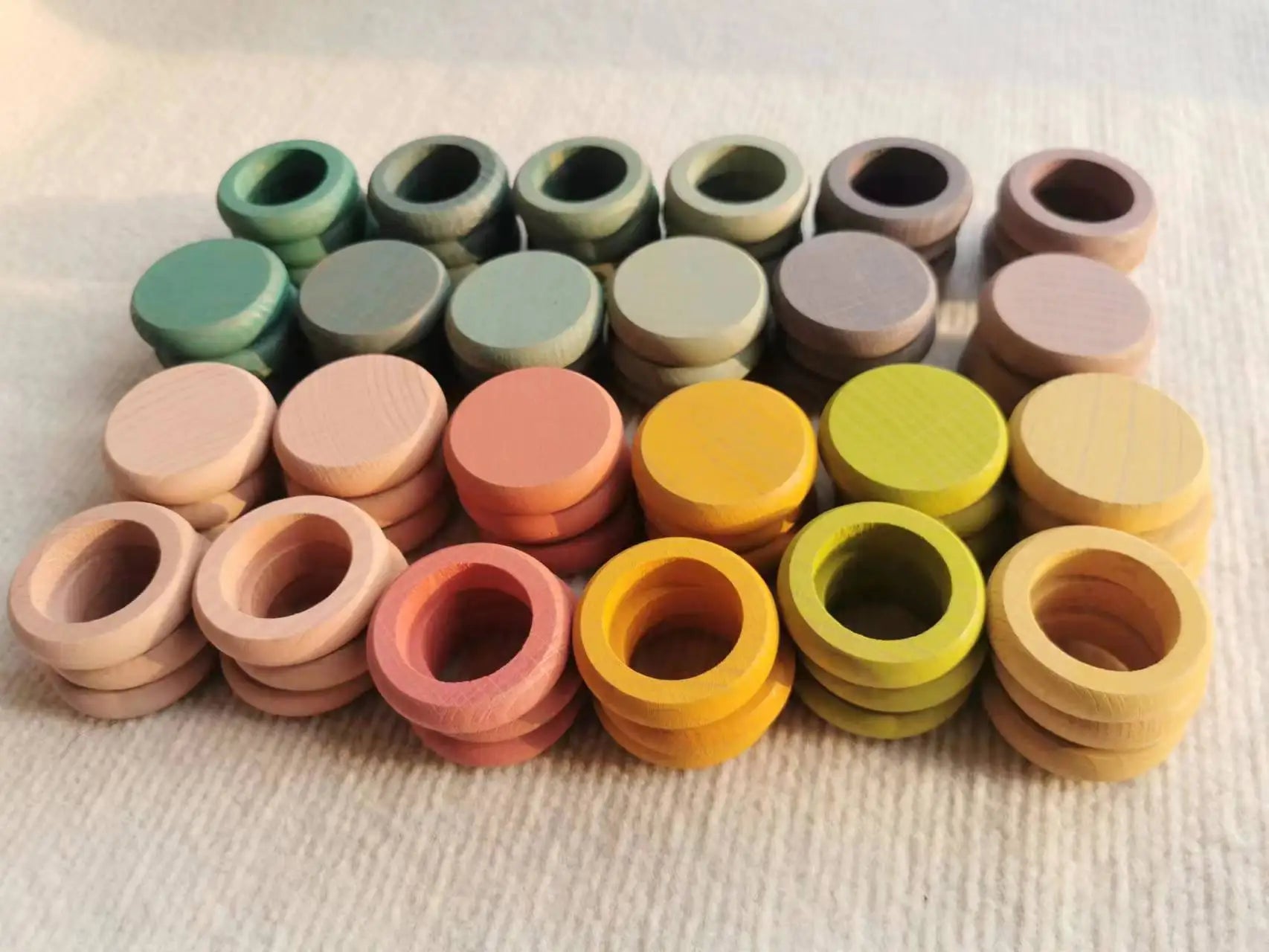 Kids wooden toys beech rainbow coins and rings stacking blocks with peg dolls loose parts - pastel set 72 - game