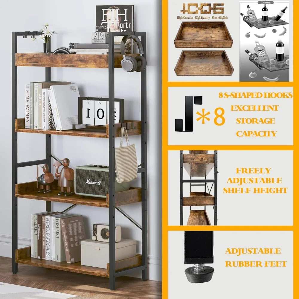 Stylish 4-tier wooden & black metal bookshelf adjustable vertical shelving for home office